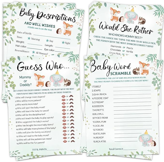HOMANGA Baby Shower Games, 4 Funny Games for 25 Guests, Guess Who Mommy or Daddy, Word Scramble, Gender Neutral Woodland Animal Theme Baby Shower Decorations for Baby Boy or Baby Girl