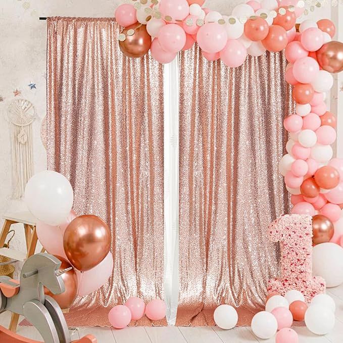 PartyDelight Rose Gold Sequin Backdrop 5x10ft 2 Panels - High Density 3mm Shimmer Sequin Background with 4-Inch Rod Pocket, Sparkly Photography Curtain for Wedding, Gala, Stage & Event Decoration