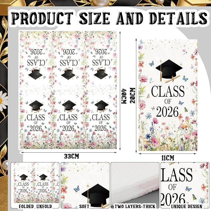 Eaasty 100 Pcs Wildflower Graduation Decorations Class of 2026 Napkins Floral Butterfly Disposable Decorative Cocktail Paper Napkins Graduation Party Supplies for 2026 Freshly Graduated Decorations