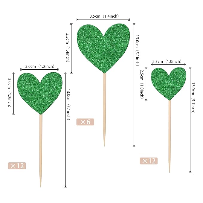30 PCS Love Heart Cupcake Toppers Glitter Sweet Love Cupcake Picks Bridal Shower Wedding Engagement Cake Decorations for Valentine's Day Baby Shower Birthday Anniversary Party Supplies Green