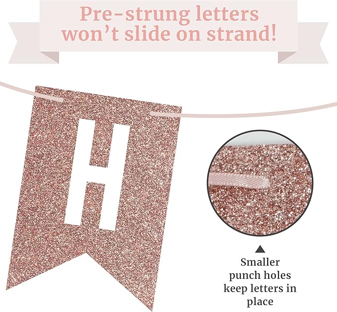 Pre-strung Happy Birthday Banner - No DIY - Rose Gold Glitter Birthday Party Banner - Pre-strung Garland on 6 ft Strands - Rose Gold Bday Party Decorations & Decor. Did We Mention No DIY