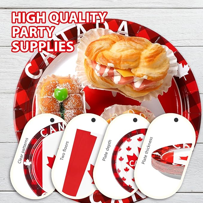 Grencian 96Pcs Canadian Flag Party Supplies Canada Day Party Plates and Napkins Red White Maple Leaves Tableware Sets Canada Birthay Decorations Favors for Anniversary Family Gathering Serves 24