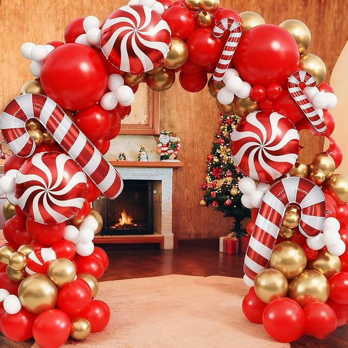 Christmas Balloon Garland Kit 142Pcs with Candy Cane Crutch Windmill Merry Christmas Foil Balloons Xmas Balloon Arch Red Gold White Balloons Decorations for Friendsmas Holiday New Year Party Supplies