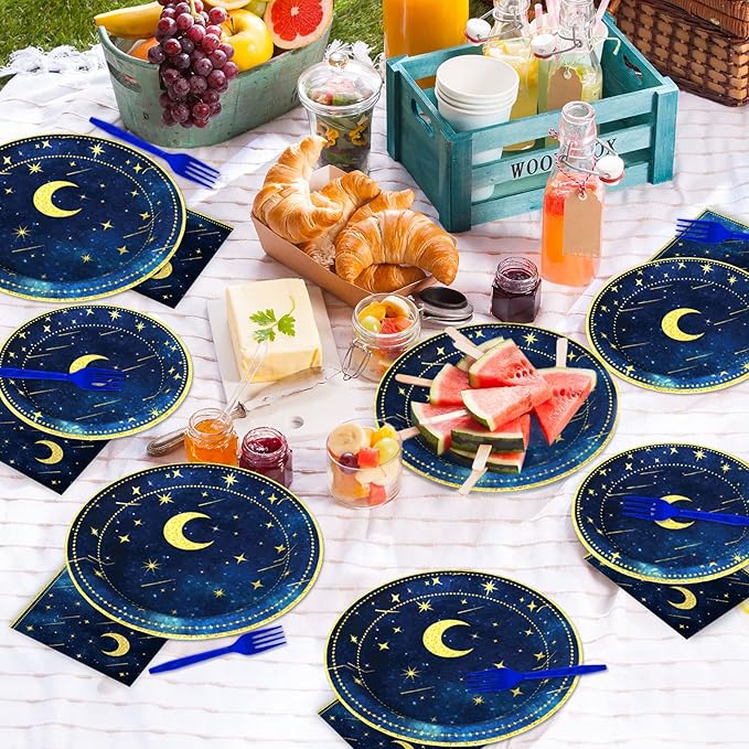 chiazllta 96 Pcs Starry Night Plates and Napkins Party Supplies Sweet theme Tableware Set Galaxy Party Decorations Favors for Outer Space Birthday Baby Shower Serves 24 Guests