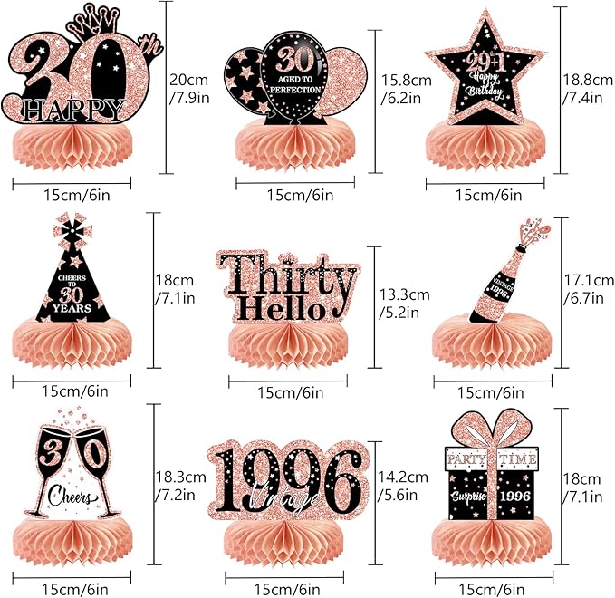 9Pcs 30th Birthday Decorations Honeycomb Centerpieces for Women, Rose Gold Pink Happy 30th Birthday Centerpieces Tables Toppers Party Decorations Supplies, Vintage 1996 Aged Table Sign Decor