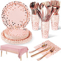 141 Pieces Pink and Rose Gold Party Supplies, Disposable Party Decorations Sets Include Paper Plates Napkins Cups, Plastic Forks Knives Spoons, for Baby Shower Birthday Wedding -20 Guests