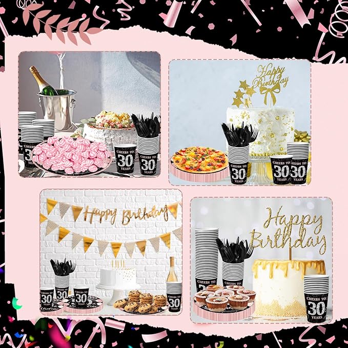 240 Pcs 30th Birthday Decorations 1996 Birthday Party Tableware Include Plates Napkins 9oz Cups Cutlery 30th Anniversary Party Supplies for Men Women Him Her, Serve 30 Guests (Black Pink)