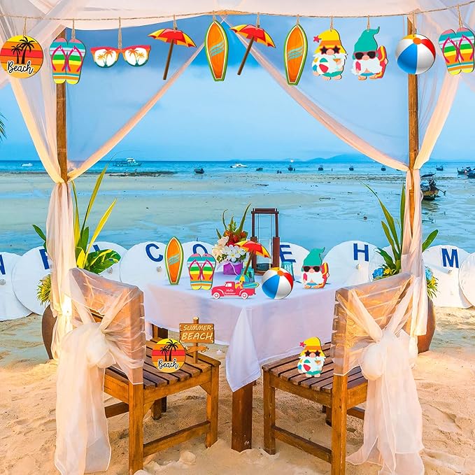 Chunful 30 Pieces Summer Tree Ornaments Christmas in July Wood Hanging Decoration Beach Wooden Slices Winter Tree Ornaments with String for Luau Hawaiian Party Supplies (Beach Style)