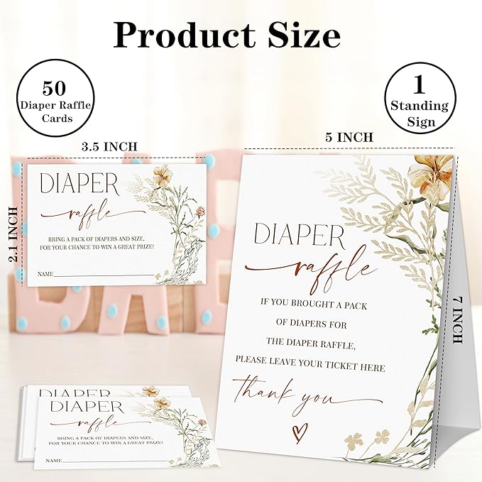 Flower Diaper Raffle Game, Diaper Raffle Tickets for Baby Shower, Floral Gender Neutral Tickets for Baby Shower Party Favor Decorations Supplies (1 Sign + 50 Cards)