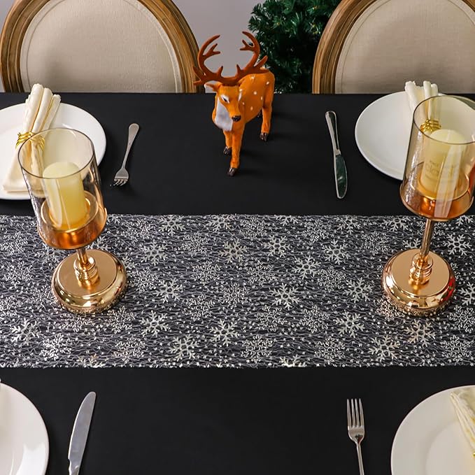 Snowkingdom Christmas Snowflake Silver Table Runner 11 Inch x 100 Feet Sparkly Silver Foil Glitter Metallic Mesh Runners Dining Table Decorations for Seasonal Winter Xmas Festival Holiday Home Party
