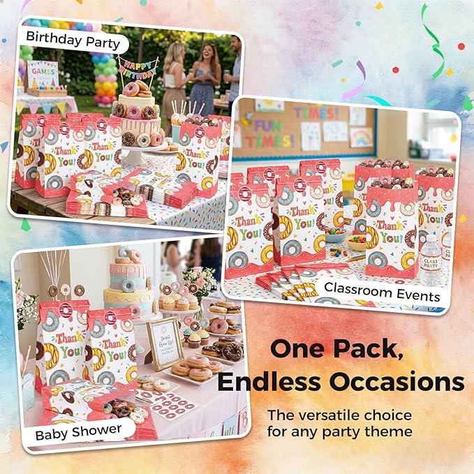 VGOODALL 24PCS Donut Party Favor Bags, Paper Gift Bags Goodie Bags with Stickers Candy Bags for Kids Birthday Party