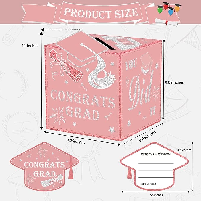 AYGXU graduation card box Holder 2026 with 30pcs graduation cards,Graduation party Decorations,graduation box for gifts and Cards,graduation money box,Graduation Party Supplies-pink card box