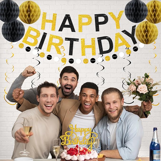 Birthday Decoratioans Pre-Strung Happy Birthday Banner for Women Men Boys Girls Black Gold Birthday Banners with Pennant Honeycomb Balls Cake Topper Stars Hanging Swirl Streamers Circle Dots Garland
