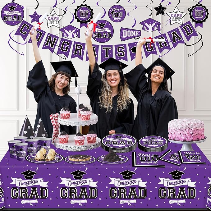 DAZONGE Graduation Decorations Class of 2026 Purple, 265pcs Disposable 2026 Graduation Party Decorations Tableware Set, Grad Party Supplies for 50 Guests, Congrats Grad Banner and Hanging Swirls