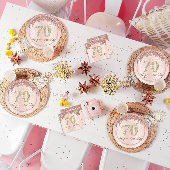 70th Rose Gold Birthday Plates and Napkins, 9 Inch Pink Rose Gold Disposable Dinner Dessert Plates Happy 70th Birthday Party Supplies Decorations for Girls Women