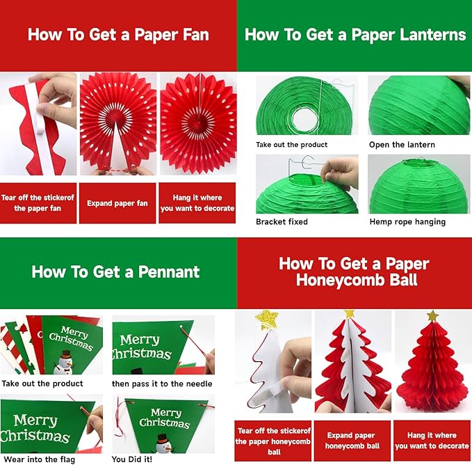 Christmas Party Decorations - Red & Green Christmas Flag, Xmas Tree Honeycomb Balls Garland Paper Fans Paper Lanterns for Holiday Party Decorations Winter Party New Year's Eve Classroom Decor