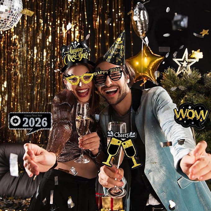 YVAINE 48 Pieces New Years Eve Party Supplies 2026 Black Gold Happy New Year Decorations Kit Includes 6 New Years Party Hats 6 Headband Tiaras 12 Noise Makers and 24 Happy New Year Photo Booth Props