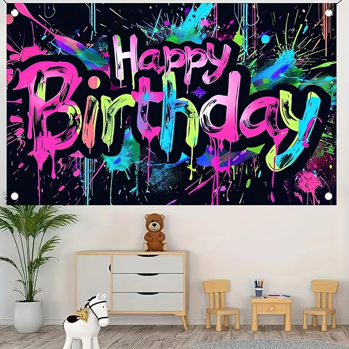 Neon Happy Birthday Banner - 71x43 Photography Backdrops, Party Background Decorations, Colorful Graffiti Splash Paint Kids Birthday Supplies, Glow in The Dark