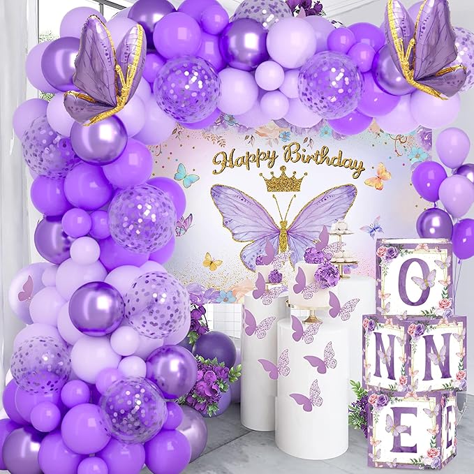 Butterfly First Birthday Decorations for Girl, Purple Butterfly Themed 1st Birthday Party Balloon Arch Kit with Backdrop Boxes Foil Balloons Wall Decor, Princess Bday Party Supplies