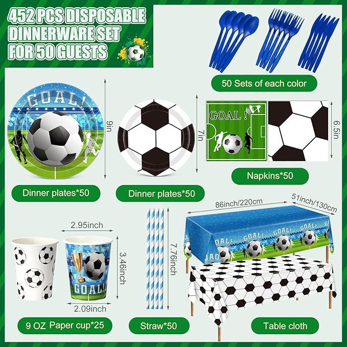 Ceenna 452 Pcs Soccer Party Supplies for 50 Guests, Soccer Paper Plates Napkins Cups Tablecloth Cutlery Straw Disposable Tableware for Men Birthday Sports Theme Day Party Decorations