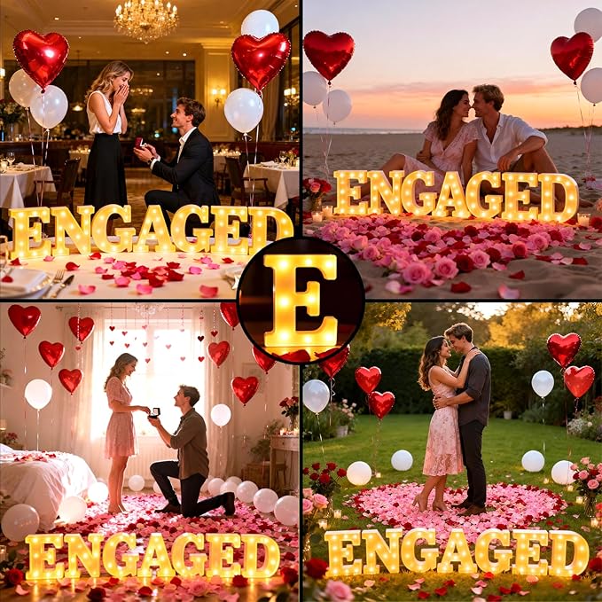 Engagement Party Decorations, Engaged LED Light Up Letters, With Rose Petals, Aluminum Balloons, Round Pearlescent Balloon, Double Sided Tape, for Wedding Engagement Bridal Shower Engaged Party Decor