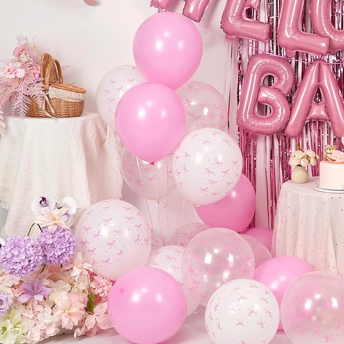 Pink Baby Shower Decorations for Girl,Welcome Baby Balloon Banner with Coquette Pink White Bow Balloons Fringe Curtains Paper Pom Poms for Baby Shower Gender Reveal Party Supplies