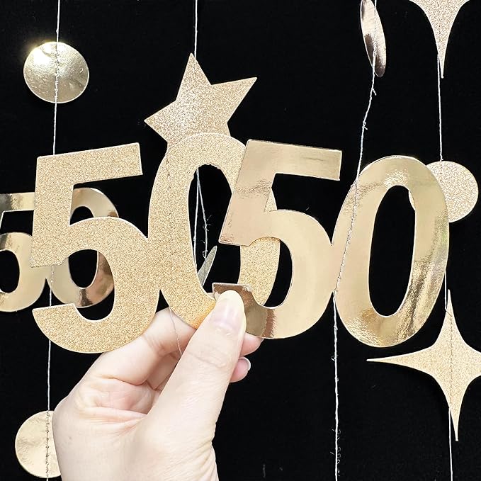 Champagne Gold 50th Birthday Decorations Number 50 Circle Dot Star Garland Metallic Streamer Banner for Women Mens Cheers to 50 Years Old Birthday Happy 50th Anniversary Vintage 1975 Party Supplies
