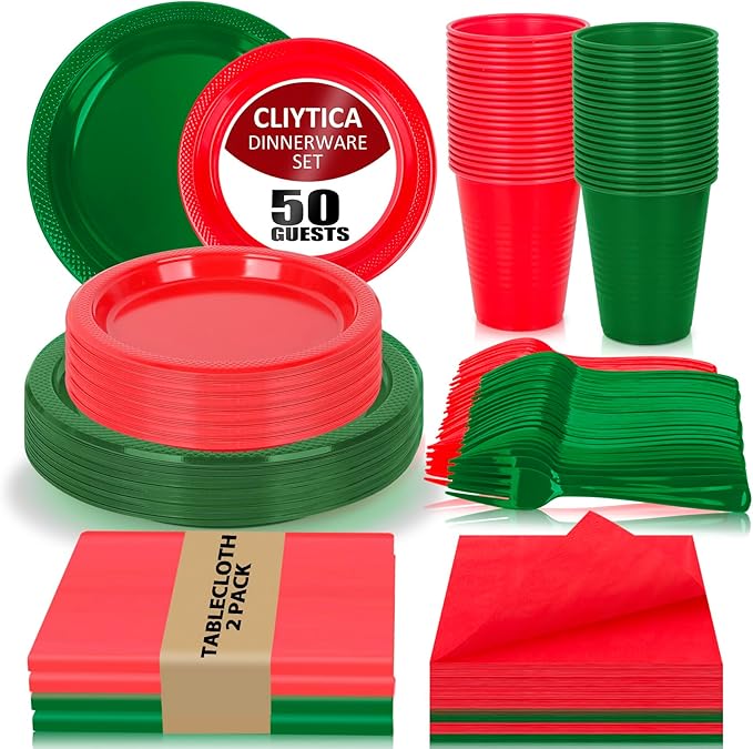 Red and Green Plastic Plates for Party,Disposable Tableware Kit with 50 9'' Plates,50 7'' Dessert Plates,50 Napkins,50 Forks,50 Cups & 2 Tablecloths for Birthday,Picnic,Christmas