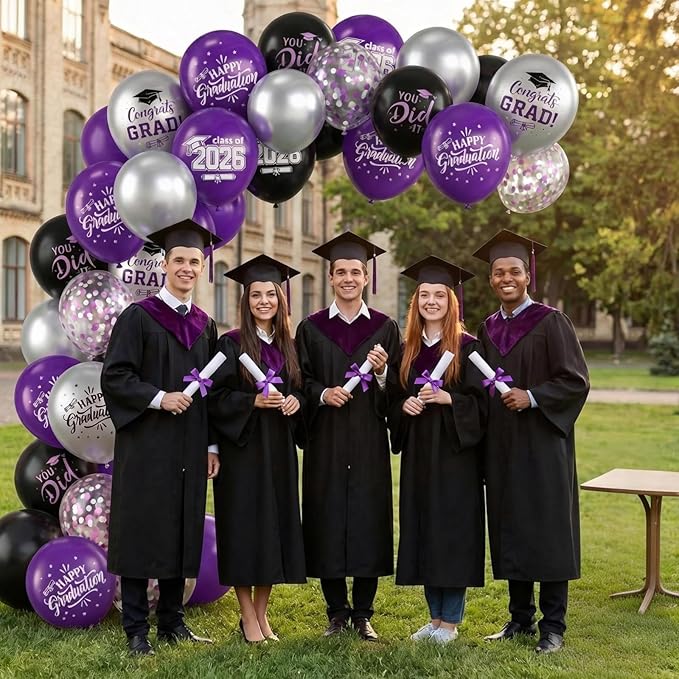 Purple Black and Silver Balloons,12 Inch Print You've Did It Happy Graduation 2026 Balloon and Confetti Balloons with Ribbon,for Graduation Class of 2026 Party Decoration Supplies
