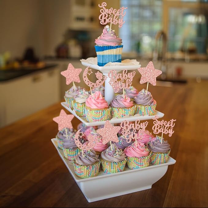 Gyufise 24Pcs Rose Gold Baby Girl Cupcake Toppers Glitter Star Moon Baby Shower Gender Reveal Cupcake Picks Baby Shower Kids Girls Birthday Party Cake Decorations Supplies