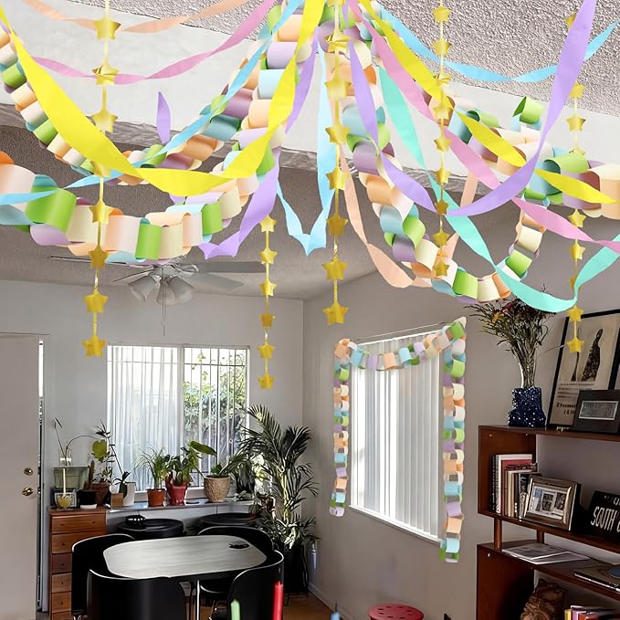 Gueevin Fancy Birthday Decorations Pastel 600 Sheets Paper Chain Garland 2 Pack Gold Star Curtains 492 ft Pastel Crepe Paper Streamers Party Decor for Rainbow Birthday Fancy Party Supplies