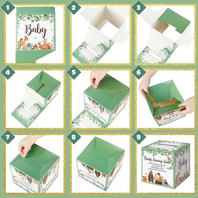 Glenmal 52 Pcs Baby Shower Games Gift Sets Large Baby Bottle for Shower Game Guess How Many Candies Decorations for Gender Reveal(Woodland Animal)