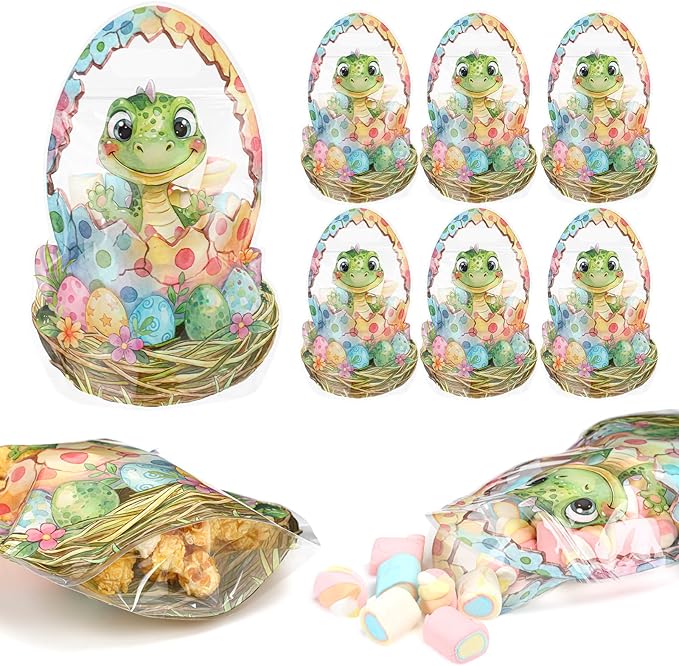 ReliThick 50 Pcs Dinosaur Goodie Bags with Handles, Sealed Plastic Dinosaur Party Favor Gift Bags Bulk Clear Window Dino Egg Candy Treat Pouch for Snack Birthday Baby Shower Decoration Supplies