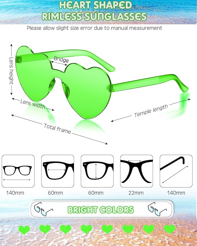 Frienda 8 Pairs Heart Shaped Sunglasses for Women Rimless Heart Glasses Candy Color Sunglasses for Party Favor