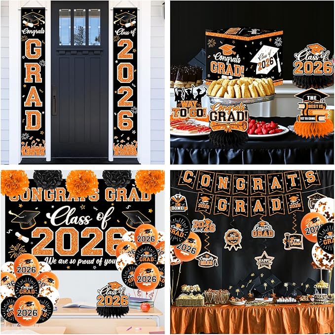 Graduation Decorations Class of 2026,Orange and Black Graduation Decorations 2026- Congrats Grad Decorations Orange Banner＆Hanging Swirls,Card Box,Pompoms,Balloons,Porch Sign for College Grad Party