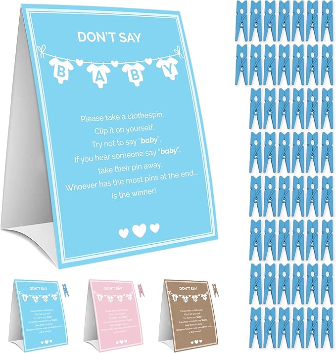 Party Hearty Baby Shower Games for Boy, Don't Say Baby Game,1 Sign and 50 Mini Blue Clothespins, Shower Game Ideas