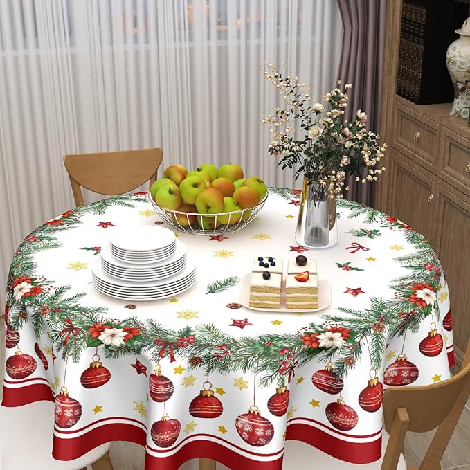 Christmas Round Tablecloth 60 Inch Xmas Bells and Snowflake Pattern Table Cloth Circle Winter Holiday Table Cover Washable Polyester Indoor Decor for Home Kitchen Dinning Party