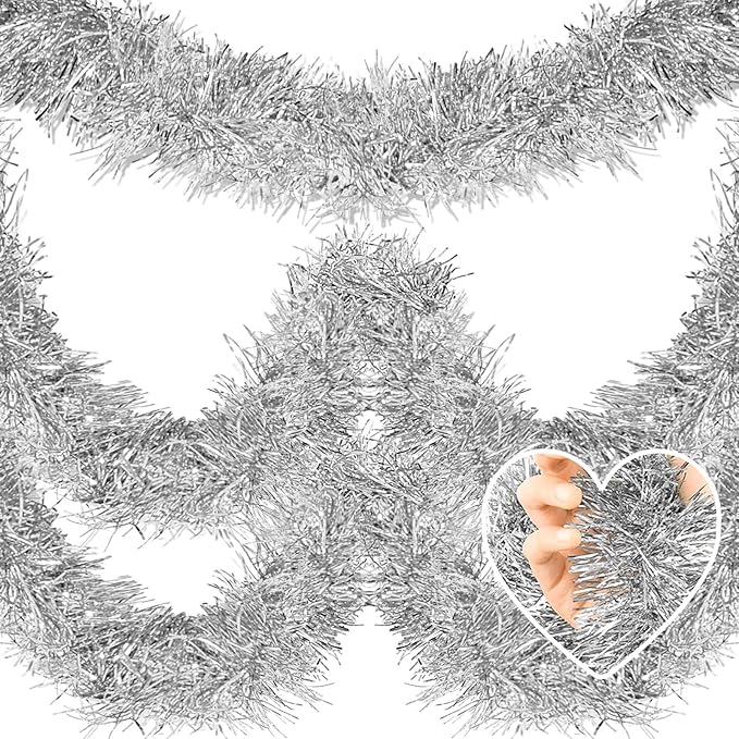 25 Feet Christmas Tinsel Garland, Metallic Twist Garland Wall Hanging Tinsel Garland Backdrop for Parade Floats, Carnival, Birthday, Wedding, New Year Party Decorations (Silver, 4in x 25ft)