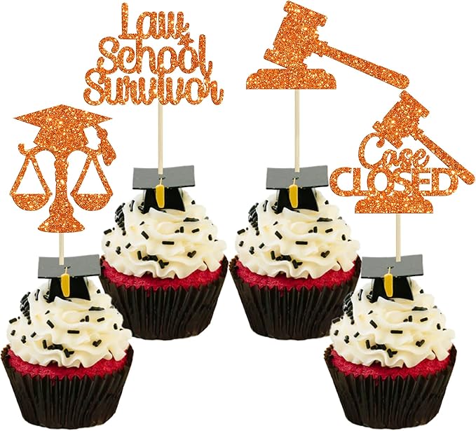 Gyufise 24Pcs Lawyer 2026 Graduation Cupcake Toppers Orange Glitter Class of 2026 Grad Cap Law School Survivor Cupcake Picks for 2026 Lawyer Graduation Party Cake Decorations Supplies
