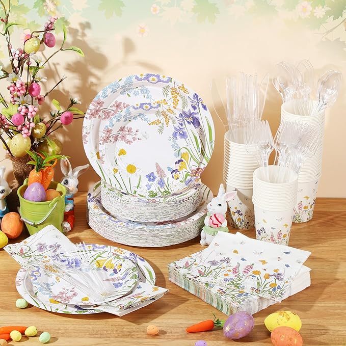 350 Pcs Easter Spring Floral Party Decoration Paper Plates Disposable Tableware Napkins Cups Knives Forks Spoons for 50 Guests Floral Baby Shower Party Tableware for Birthday