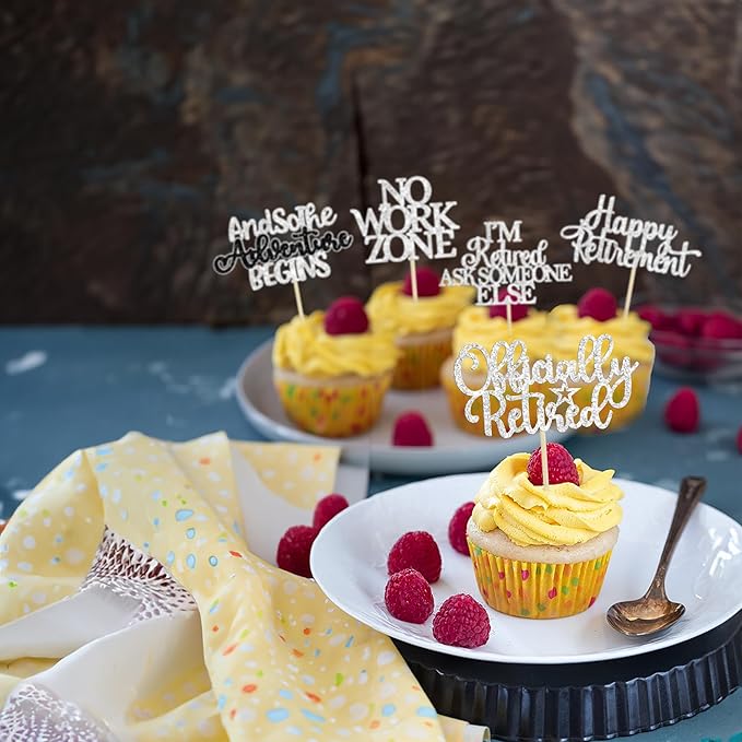 Gyufise 30Pcs Happy Retirement Cupcake Toppers Officially Retired No Work Zone Adventure Begins Cupcake Picks for Retirement Theme Farewell Birthday Party Cake Decorations Supplies Silver