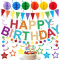 Rainbow Birthday Decorations Pre-Strung Happy Birthday Banner for Girls Women Boys Birthday Banners with Pennant Honeycomb Balls Cake Topper Stars Hanging Swirl Streamers Circle Dots Garland