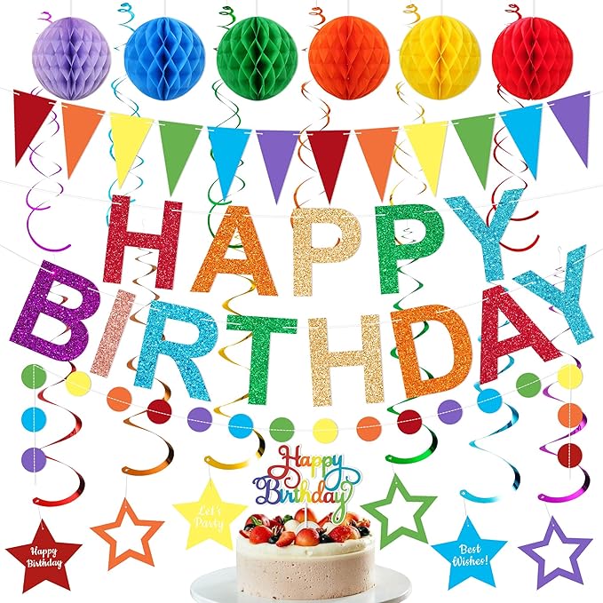 Rainbow Birthday Decorations Pre-Strung Happy Birthday Banner for Girls Women Boys Birthday Banners with Pennant Honeycomb Balls Cake Topper Stars Hanging Swirl Streamers Circle Dots Garland