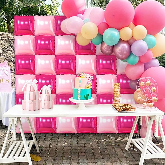 36 Pcs Hot Pink Double Sided Square Foil Balloon Wall Backdrop Metallic Pink Balloons Backdrop Tunnel Arch Kit Mylar Square Balloons for Bachelorette Engagement Wedding Birthday Party Decorations