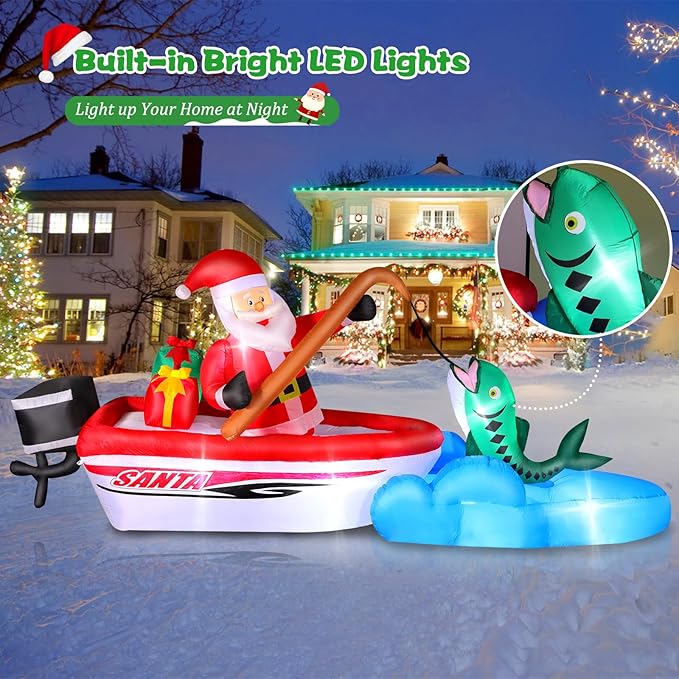FunFanso 11 FT Christmas Inflatable Santa Claus Fishing on The Boat, Blow up Outdoor Decorations with Built-in Bright LED Lights, Vibrant Xmas Festival Decor for Lawn Yard Garden Holiday Party Porch