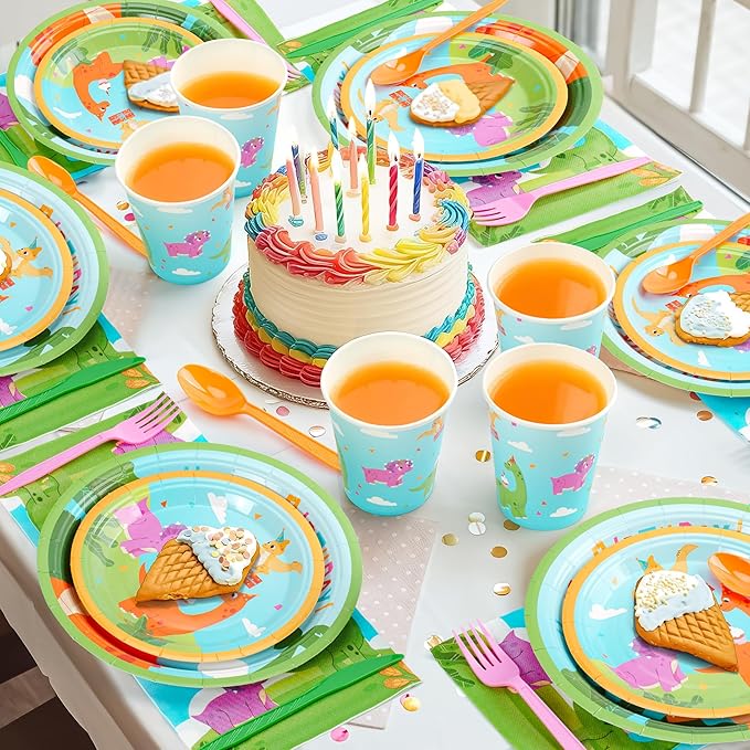 168PCS Dinosaurs Birthday Party Supplies for 24 Guests, Dinosaurs Themed Paper Plates Napkins Cups Cutlery, Dinosaur Disposable Tableware Set for Birthday Baby Shower Party Decorations