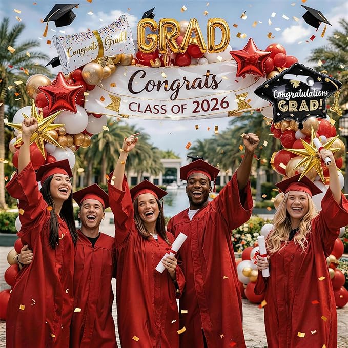 Red Graduation Balloons Garland Arch Kit, 115 PCS Red Gold White Graduation Star Print Cap Certificate Grad Foil Balloons with Gold Explosion Star Balloon for Graduate Class of 2026 Prom Party Decor