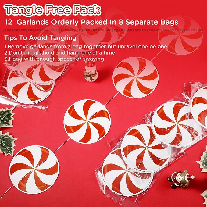 Faccito 8 Pcs Christmas Peppermint Candy Hanging Decorations Christmas Ceiling Decorations Paper Garland for Xmas Party Winter Holiday Birthday Decor(Red White Candy)