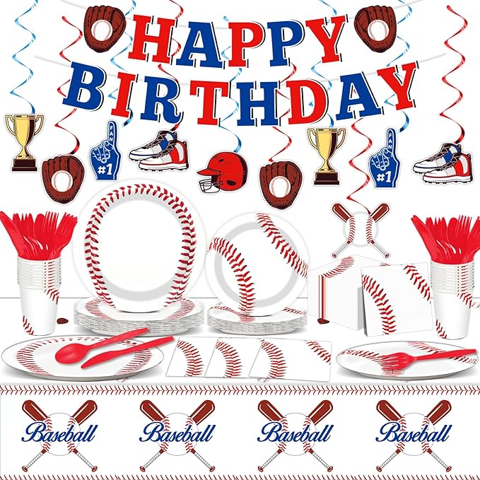 184 PCS Baseball Birthday Party Decorations Pack Baseball Party Supplies Tableware Set Including Happy Birthday Banner, Plates and Napkins, Knives, Forks, Cups, Swirls, Tablecloth for Baseball Party