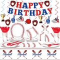 184 PCS Baseball Birthday Party Decorations Pack Baseball Party Supplies Tableware Set Including Happy Birthday Banner, Plates and Napkins, Knives, Forks, Cups, Swirls, Tablecloth for Baseball Party